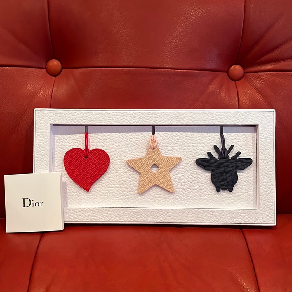 NEW CHRISTIAN DIOR Luggage Tag / Bag Charm 3 Piece Set With DIOR Engraving